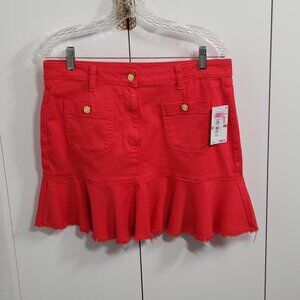 NWT Michael Kors Ruffle Skirt Size 12 Coral Geranium Frayed Hem Pockets